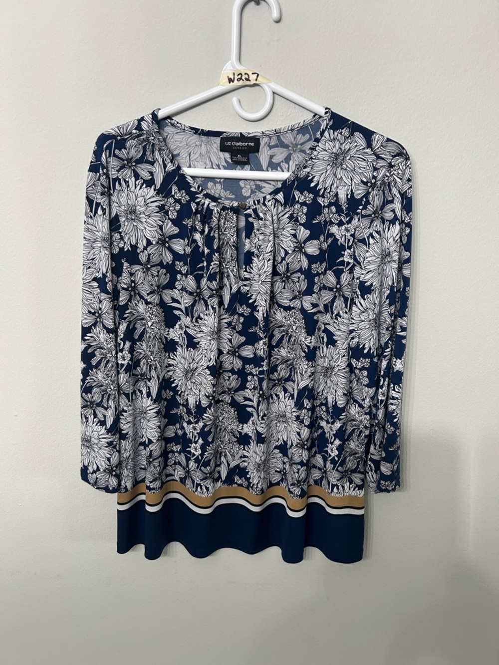 Liz Claiborne Navy and White Floral Tie-Front Tunic with Tan Border XL Like New